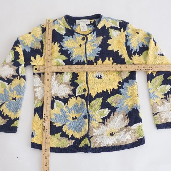 Vintage Susan Bristol Navy Yellow Knit Floral Button Up Cardigan Sweater S - Picture 4 of 10